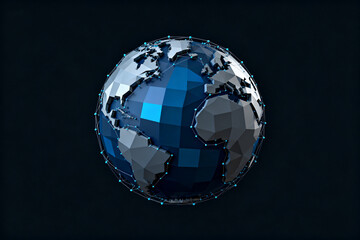 Stylized low-poly representation of Earth with blue and gray geometric facets against a dark background
