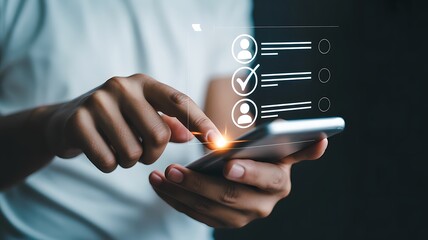 Man using smartphone to complete online survey with digital graphic overlay