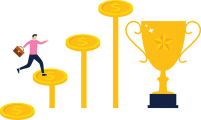 image on a blue background, a man and a woman in business suits rise on a pedestal of banknotes, a cup for the best employee, cash bonus

