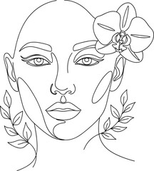 Minimalist bald woman face with orchid and leaves in line art style for fashion, tattoo, beauty, decor, and coloring