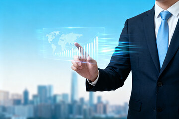 Businessman interacting with a holographic data display showing global statistics and charts against a city skyline background.