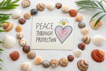 Fototapeta premium Peace Through Protection message in a heart-shaped arrangement