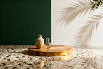 Minimalist still life with ceramic vase and glass bottle on wooden tray against green and white wall with palm shadow