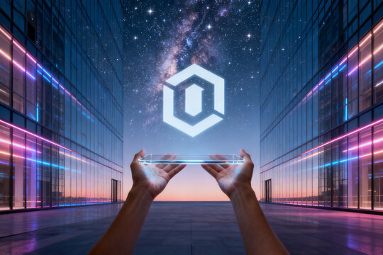 Hands holding a glowing hexagonal symbol in a futuristic cityscape with neon lights and a starry sky