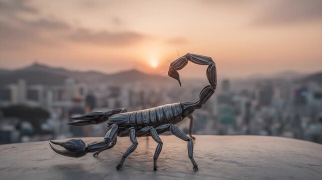 Detailed depiction of a scorpion against a city skyline at sunset