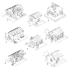 This detailed architectural diagram showcases various stages of house construction and renovation, illustrating different structural elements and building processes.