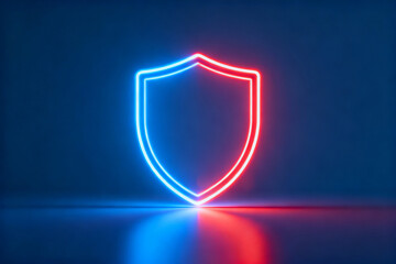 Neon shield symbol glowing in blue and red light on a dark background with reflection