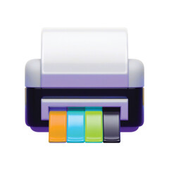 A colorful 3D rendering of a printer with paper and ink cartridges.
