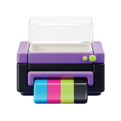 A stylized 3D illustration of a modern office printer with visible cyan