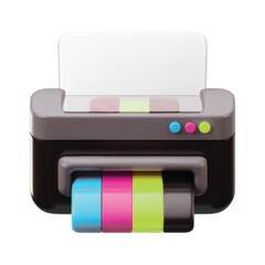 A stylized 3D illustration of a modern office printer with visible cyan