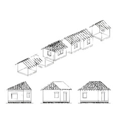 A detailed architectural blueprint illustrates various stages of small house construction, from basic framing to completed simple dwellings, emphasizing design and development.