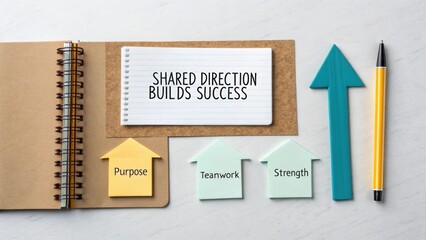 Shared Direction Builds Success On A Notebook Next To Arrows