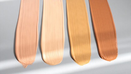 Four creamy swatches of liquid foundation showcasing a diverse range of skin tone shades from light to tan.