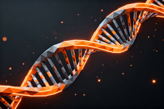 3D rendering of a glowing DNA double helix with geometric design against a dark background