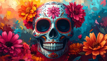 Vibrant skull adorned with flowers, colorful background