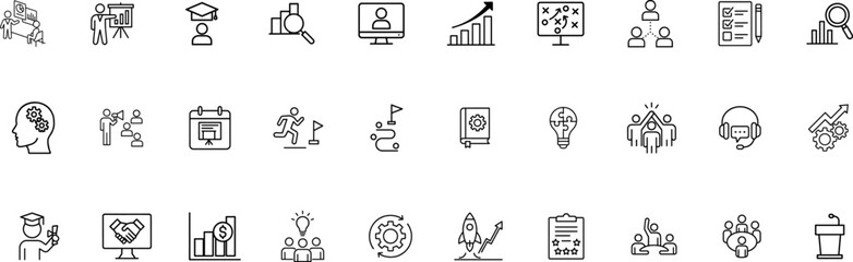 Minimalist Workshop & Business Meeting Line Icons  Teamwork, Brainstorming, Strategy & Growth Vector Set.eps