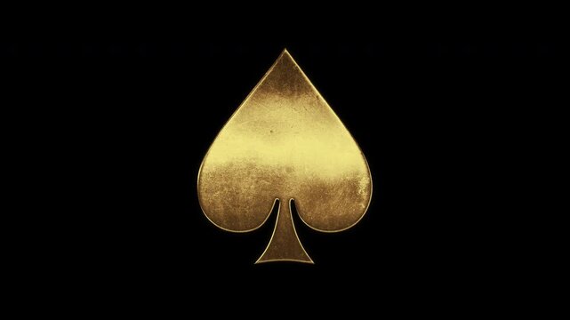 Spade suit with slightly reflected outlines on a gold foil-like surface, serif, loop, alpha channel

