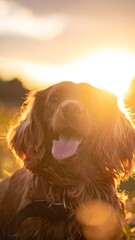 Golden Hour Portrait of a Happy Irish Setter with Tongue Out in a Field at Sunset with Bright Sunlight and Warm Hues and a Collar
