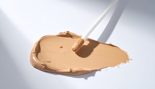 A smear of beige liquid foundation or concealer with a doe-foot applicator on a white background with a soft shadow.