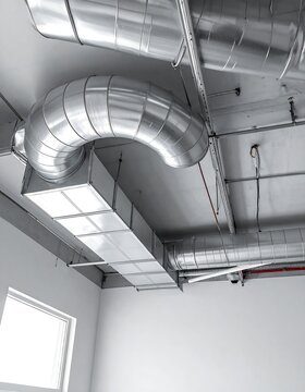Shiny metal ventilation ducts and pipes on a ceiling