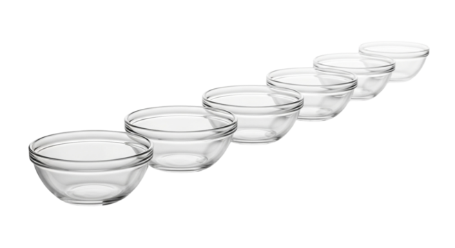 Six Clear Glass Bowls Arranged in a Diagonal Line