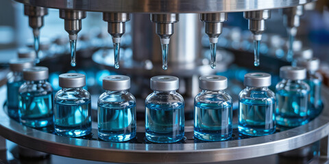Pharmaceutical manufacturing line filling vials with blue liquid medicine for vaccine production