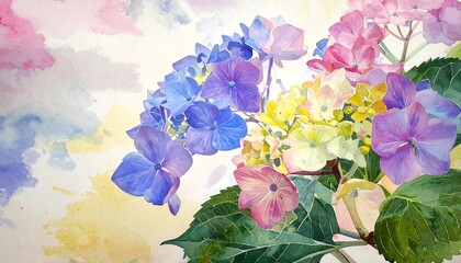 A vibrant watercolor painting depicts a cluster of hydrangea blossoms in shades of blue, purple, pink, and yellow against an abstract, pastel backdrop