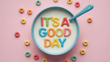 A bowl of cereal with the words its a good day spelled out in colorful cereal letters on pink background
