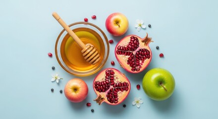 Sweet rosh hashanah symbols honey apples pomegranate seeds festive preparation overhead view illustration