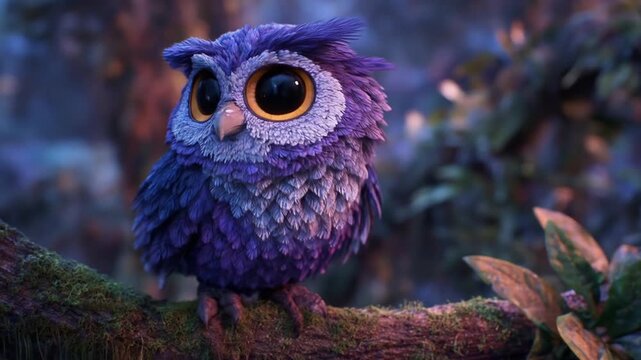 Animated owl perched on branch in a forest environment