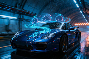 A sleek blue sports car with glowing digital overlays speeds through a futuristic tunnel, illuminated by neon lights and rain.