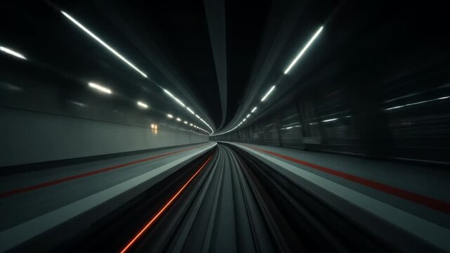 Dynamic perspective of tunnel with bright lights and rails