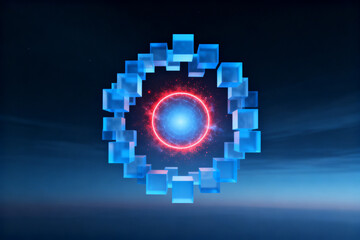 A glowing red core surrounded by a circular arrangement of blue cubes against a dark gradient background.