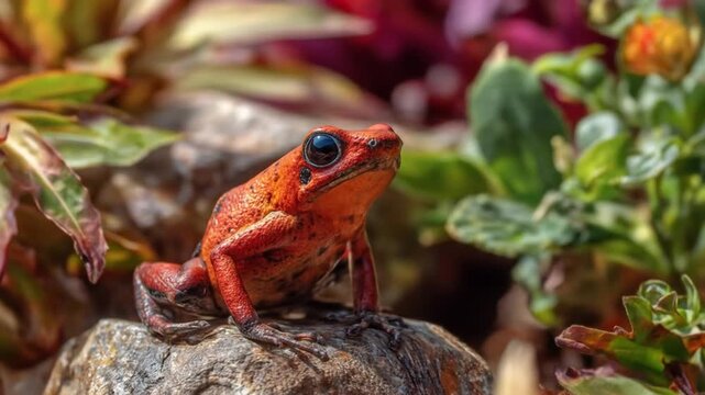 Vibrant red frog on stone with colorful plants in natural setting