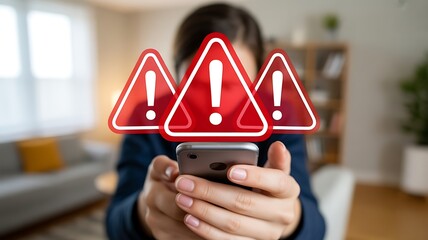Woman holding smartphone with warning alert notification on the screen