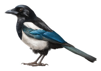 Side view of a black and white bird with iridescent blue feathers