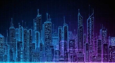 Fototapeta premium Futuristic Metropolis A Neon-Lit Digital Skyline with Integrated Technology and Urban Infrastructure