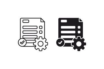 Project management icon with documents, gears, and check marks. Suitable for business and project management concepts in presentations or marketing.