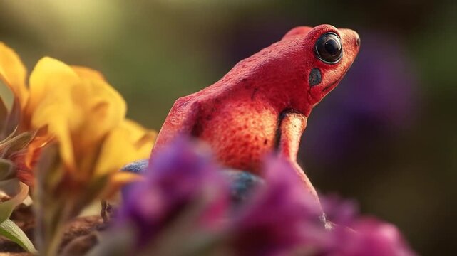 Vibrant red frog with blue legs posing amidst colorful flowers