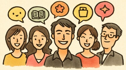 a group of four people smiling together, surrounded by colorful speech bubbles