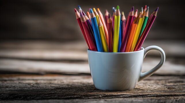 A vibrant collection of colored pencils arranged in a white mug, set against a rustic wooden background, creating a creative and artistic atmosphere.
