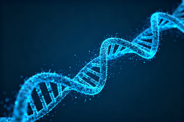Digital representation of a DNA double helix structure with glowing blue particles on a dark background