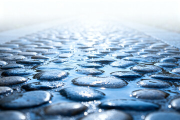 Close-up of wet pebble pathway with reflective water droplets