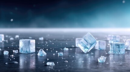 Translucent Ice Crystals on Dark Reflective Surface with Blurred Blue Background and Soft Lighting