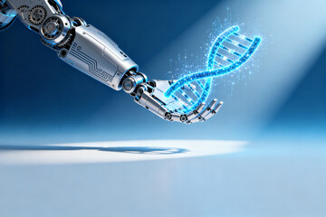 Robotic arm holding a glowing DNA strand in a futuristic setting