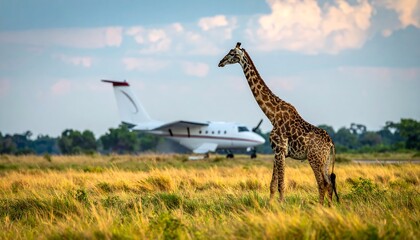 Obraz premium Giraffe stands in tall grass, a small plane on a runway in the background