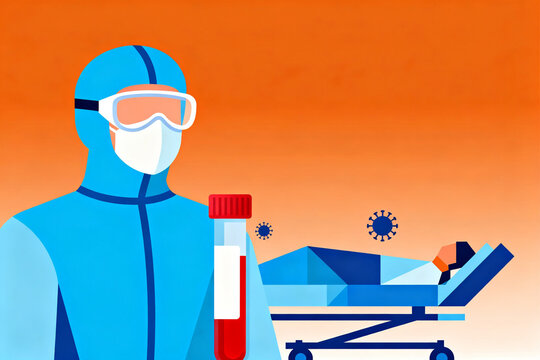 Medical professional in protective gear holding a blood sample near a patient on a stretcher with virus particles in the background