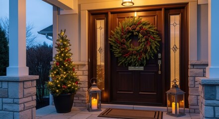 Fototapeta premium Welcome guests with a festive Christmas door adorned with a wreath and a glowing tree.
