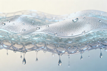 Close-up of water droplets forming on a transparent, textured surface with liquid beads and condensation.
