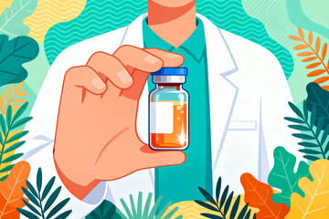 Scientist holding a vial with orange liquid in a lab setting surrounded by foliage